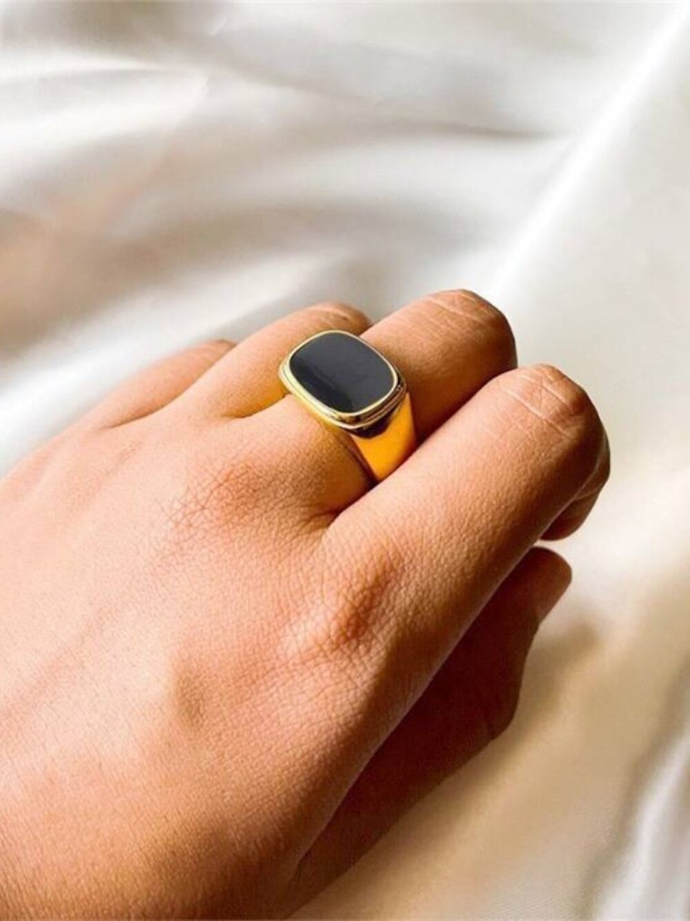 3/$35 NWT 14K Gold Plated Stainless Steel Black Onyx Signet Ring Mens Band